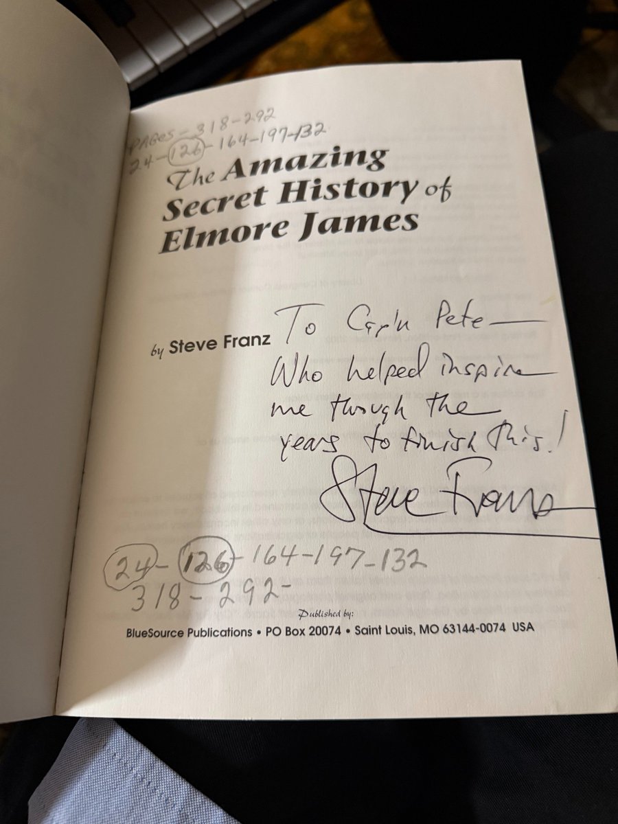 danieldeblanke's tweet photo. @ChiBluesHistory b/c of you I pick up every affordable copy of "the Amazing Secret History of Elmore James" I see. This latest copy seems to be inscribed by Steve Franz to Cap'n Pete. Cap'n Pete then notated the book when he is mentioned.  #blueshistory https://t.co/c6buDWa5Sn
