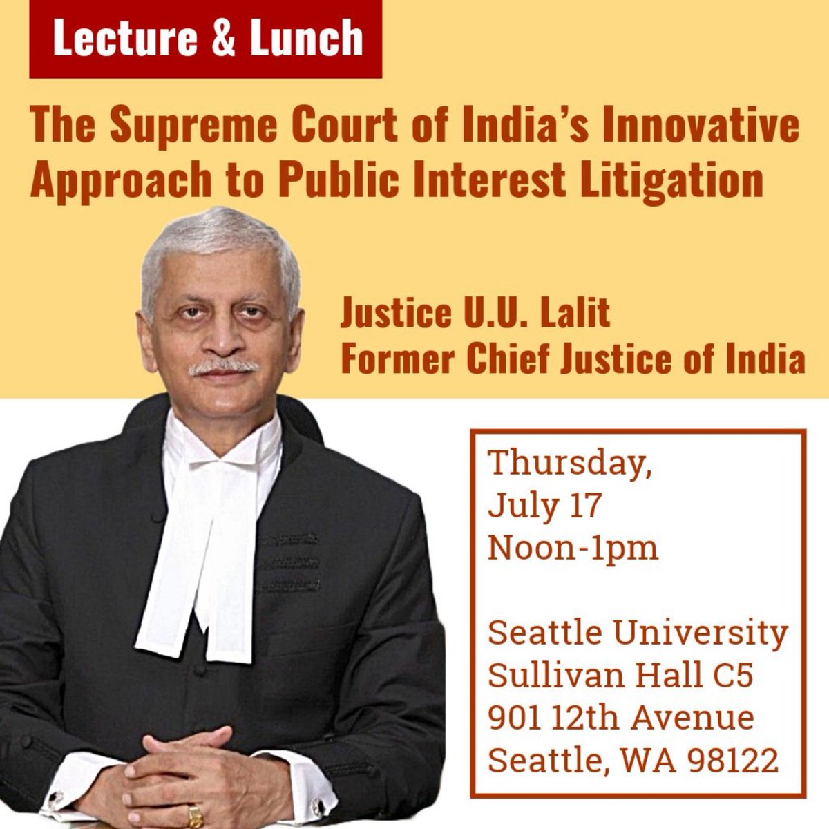 This Thursday, July 17, the law school will host a lunch and lecture titled, "The Supreme Court of India’s Innovative Approach to Public Interest Litigation,” featuring U.U. Lalit, former chief justice of the Supreme Court of India. RSVP here: tinyurl.com/45z73pyv