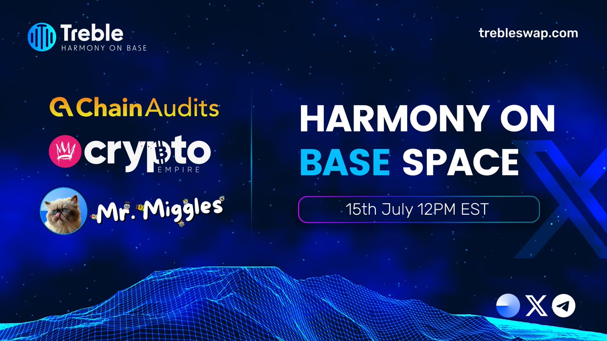 Treble (@trebleswap) on Twitter photo 🎙 Harmony on Base is back for another spaces!
Tomorrow, we're going live with <a href="/MrMigglesOnBase/">Mr. Miggles</a>, <a href="/csellcrypto/">Crypto Empire</a> and <a href="/ChainAudits_io/">Chain Audits</a> to talk about updates and what's happening on <a href="/base/">Base</a>!
🗓️ Tuesday, 12PM EST
📍 x.com/i/spaces/1BRJj…
Set your reminders and stay based. 🔵 🎙 Harmony on Base is back for another spaces!
Tomorrow, we're going live with <a href="/MrMigglesOnBase/">Mr. Miggles</a>, <a href="/csellcrypto/">Crypto Empire</a> and <a href="/ChainAudits_io/">Chain Audits</a> to talk about updates and what's happening on <a href="/base/">Base</a>!
🗓️ Tuesday, 12PM EST
📍 x.com/i/spaces/1BRJj…
Set your reminders and stay based. 🔵