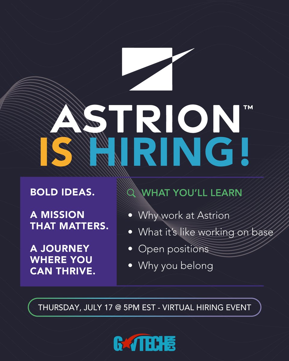 🚨 Cleared &amp; clearable tech talent — Astrion is hiring!

Join the FREE Virtual Hiring Event →
🗓️ Thurs July 17 | 🕔 5PM EST
📍 Zoom: us06web.zoom.us/webinar/regist…
📤 Submit resume: 8ba37k0lpoz.typeform.com/to/rt8DocIq
#GovTech #CyberJobs #DefenseTech #SecurityClearance #VeteransInTech #AstrionJobs