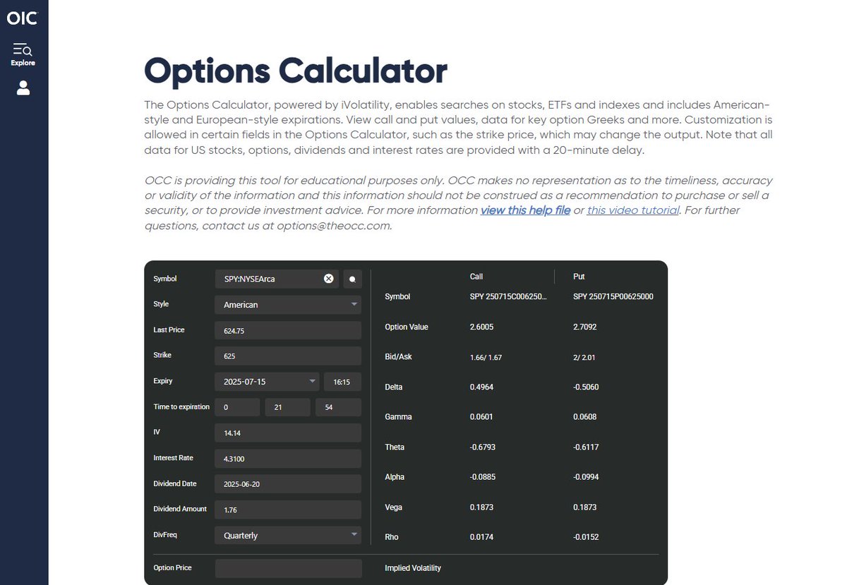 mat_cashman's tweet image. Today’s tool from @Options_Edu: The Options Calculator
One of our most-used tools, and for good reason. See how price responds to changes in vol, time, and rates using Black-Scholes or Binomial models.
Free with login: optionseducation.org
Tool link: optionseducation.org/toolsoptionquo…