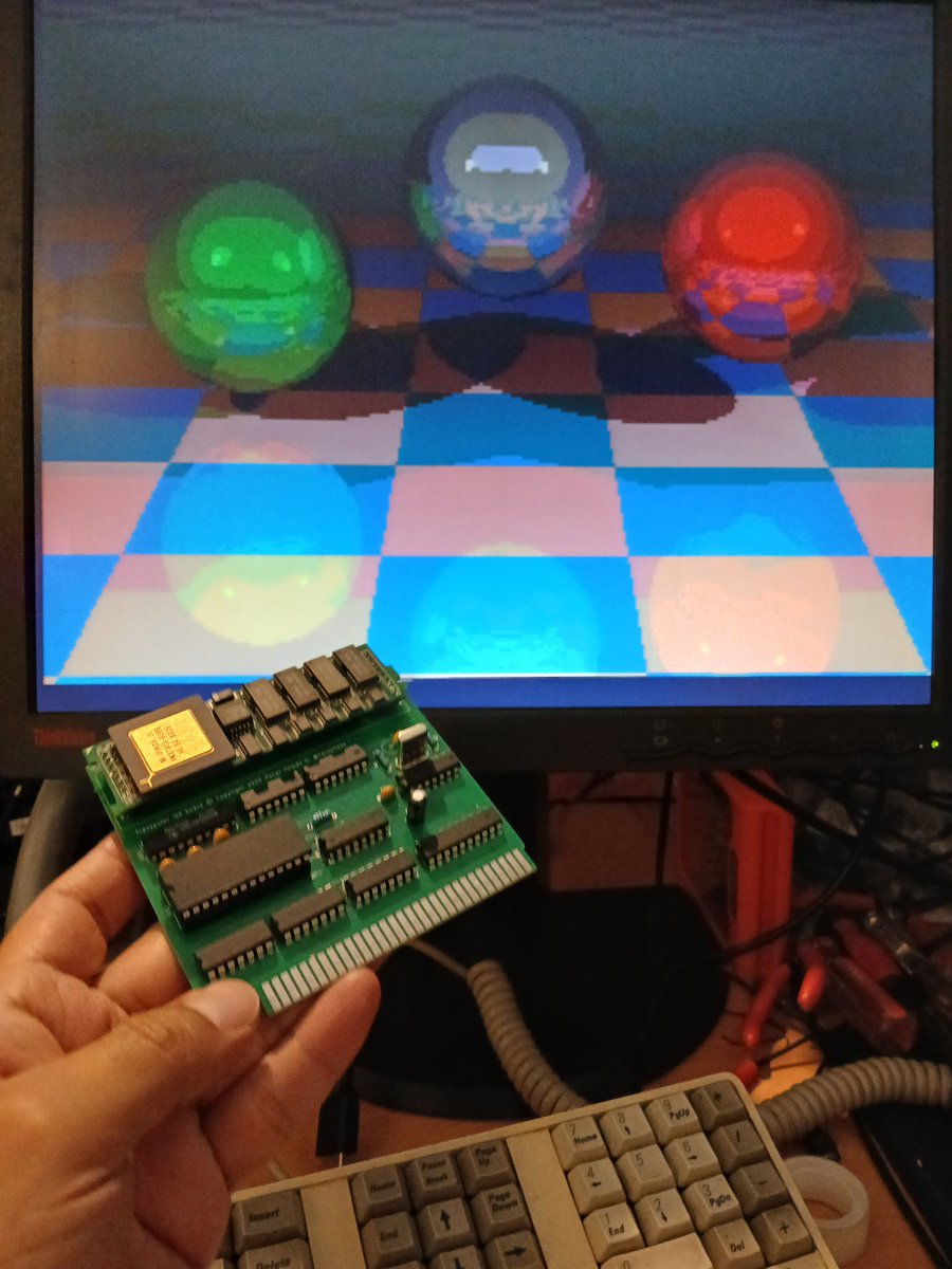 nanochess's tweet image. I used the 256-color palette of the VGA card to simulate 3-3-2 bits color. A very nice improvement over my previous gray-scale display. #retro #transputer
