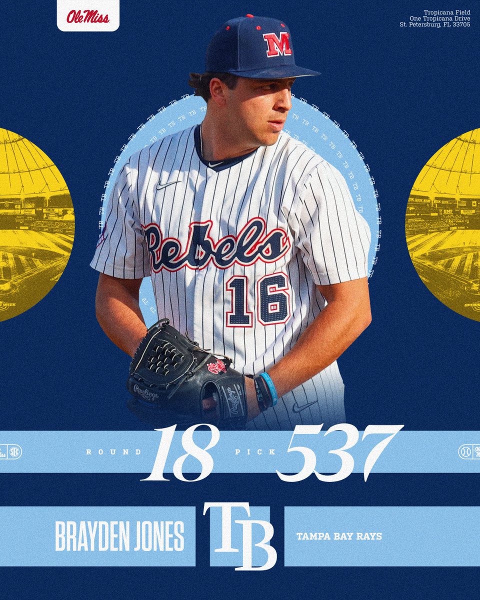 OleMissBSB's tweet image. .@bt16jones has been selected in the 18th Round of the 2025 MLB Draft by @RaysBaseball!