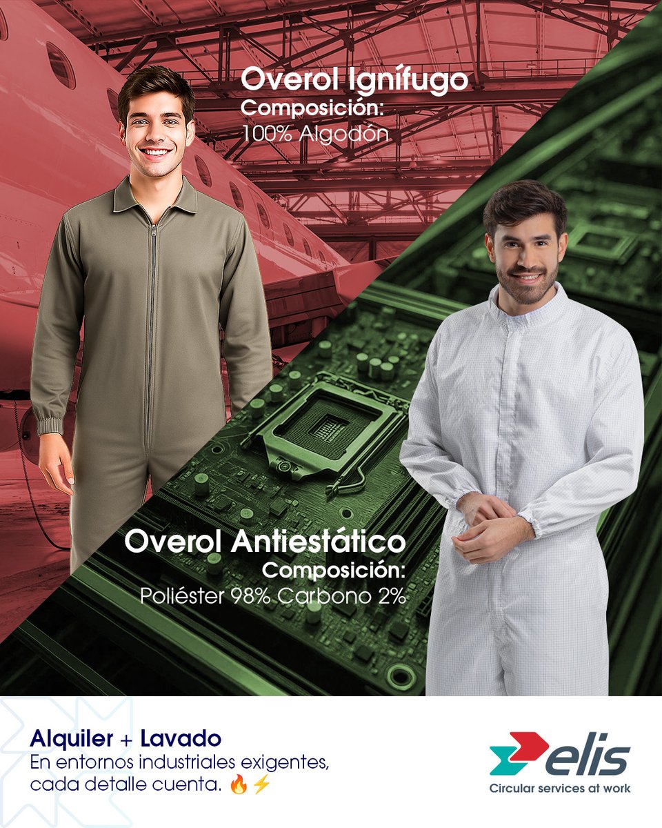 🔥⚡ En Elis México ofrecemos:
👷 Overoles ignífugos certificados bajo normativas para protección térmica del usuario.
 ⚡ Ropa antiestática que disipa cargas para proteger componentes sensibles.
Eficiencia y seguridad textil para tu operación.
#ElisMéxico