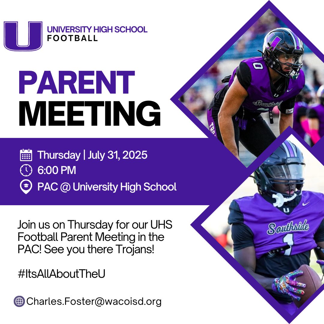 🚨Trojans Football Parent Meeting🚨
🗓️ July 31
🕕 6:00 PM
📍 Performance Arts Center - University HS

All parents of Trojans football players—please join us for important season info‼️

#ItsAllAboutTheU🙌‼️ | #ForTheSouth