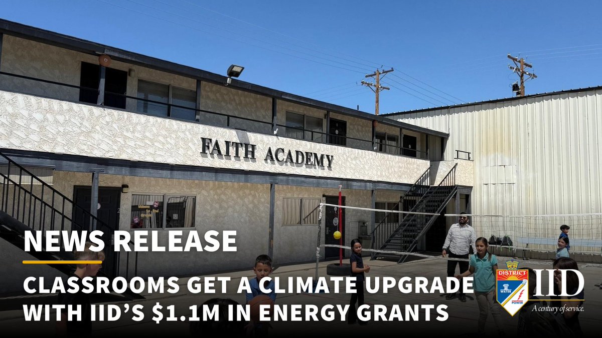 IIDatWork's tweet image. NEWS RELEASE 7/14/2025 - Classrooms Get a Climate Upgrade with IID’s $1.1M in Energy Grants
The Imperial Irrigation District (IID) is proud to announce the award of more than $1.1 million in grants to 20 local educational institutions through its new Grants for Energy…