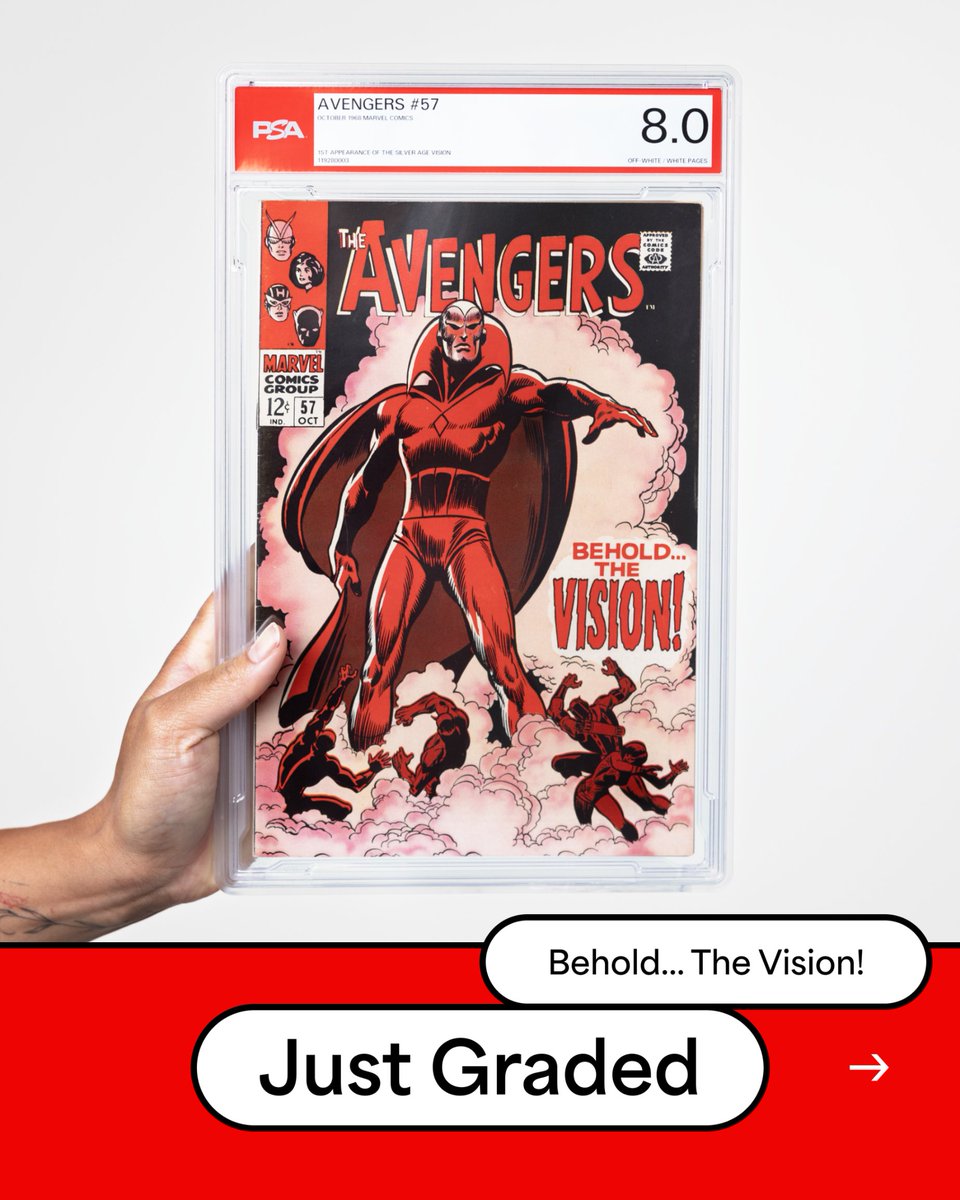 PSAcard's tweet image. BEHOLD... THE VISION! 👁️
In Avengers #57 (1968), Vision steps into Marvel history—framed by John Buscema and George Klein’s red-hued, moody masterpiece.
Does this issue rank among your top Silver Age keys?