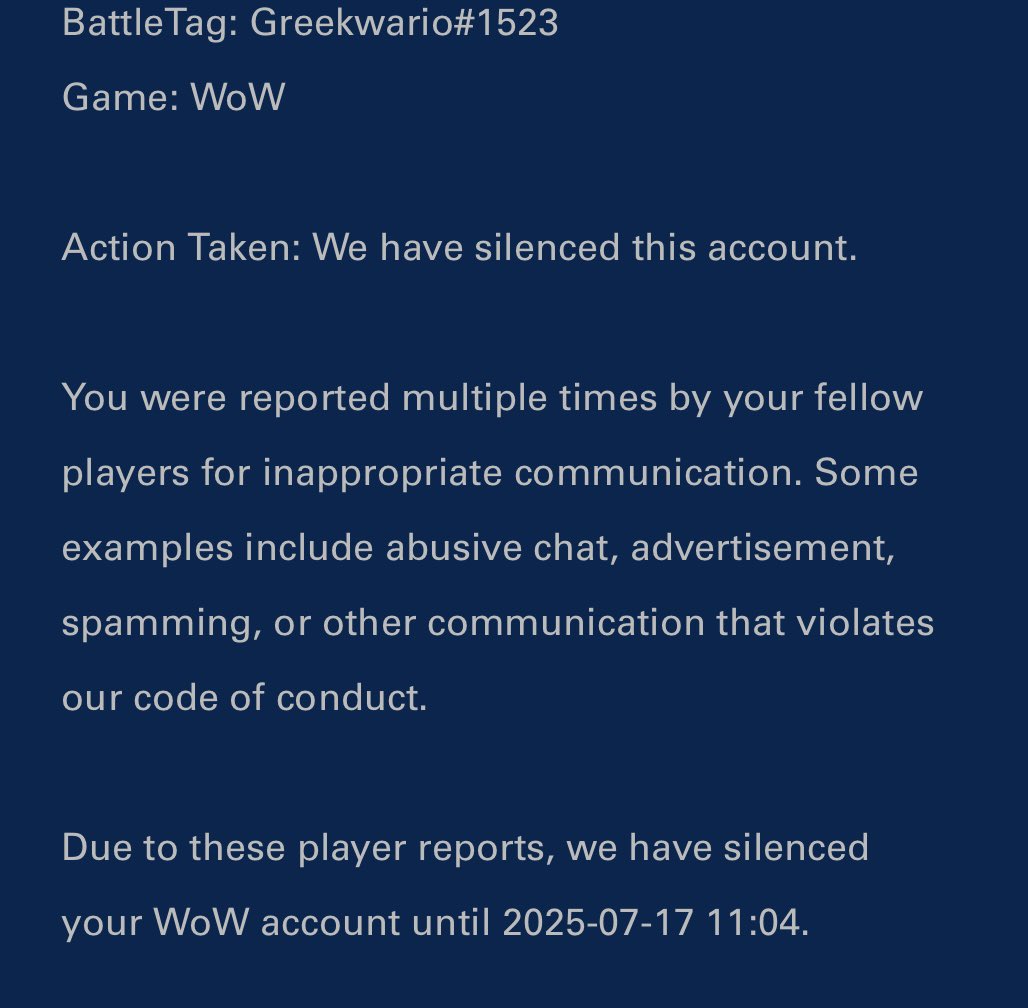 11 day estimated ticket response time on a 7 day chat ban for advertising raids. 
 
<a href="/Blizzard_Ent/">Blizzard Entertainment</a> <a href="/BlizzardCS/">Blizzard CS - The Americas</a> <a href="/wowclassicdevs/">WoW Classic Devs</a> cannot provide any evidence of my interactions breaking TOS.

If this was any other streamer this would’ve been appealed overnight.

But since I’ve been