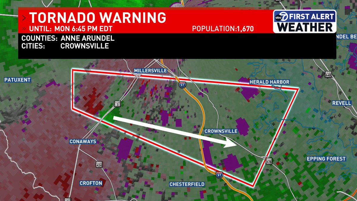 jordanevanswx's tweet image. Tornado Warning until 6:45 p.m. for parts of Anne Arundel County. Seek shelter into an interior room on the lowest level. @7NewsDC