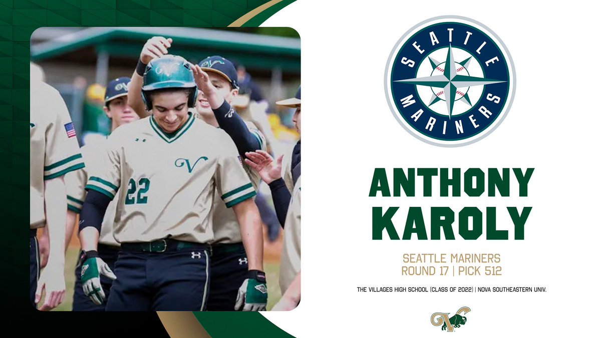 KAROLY! Anthony Karoly, a Class of 2022 grad of The Villages High School, is selected in the 17th round of the MLB Draft by the Seattle Mariners! After helping lead VHS to the state semifinals in 2022, Karoly went on to Nova Southeastern University.