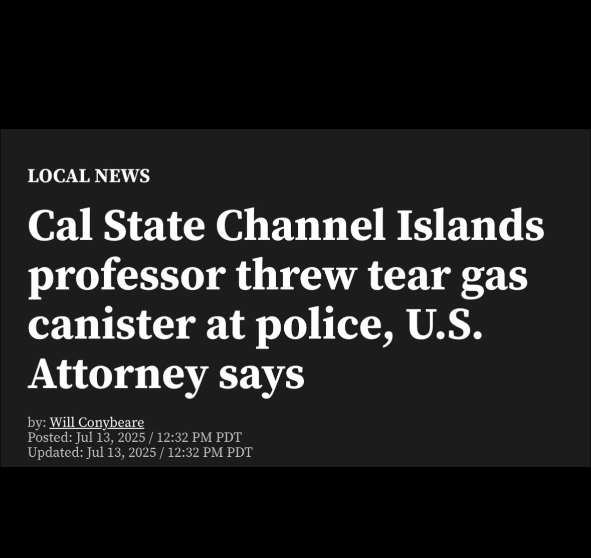 thrasherxy's tweet photo. RAGE 🧵: Our colleague, CSUCI prof. Jonathan Anthony Caravello, has been kidnapped! This vile framing @ktla.com is grotesque—He did not "throw a tear gas cannister" at police, he removed it from under someone in a wheelchair! KTLA makes it sound like he brought the tear gas! https://t.co/IOmm8nnG0u
