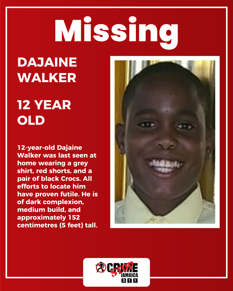 CSJAMAICA's tweet image. MISSING: 12-year-old Dajaine Walker
Last seen at home wearing a grey shirt, red shorts &amp;amp; black Crocs.
Dark complexion, medium build, approx. 152cm (5ft) tall.

If you have info, call #CrimeStop at 311. Help bring him home.
#MissingChild #HelpFindDajaine #CrimeStopJA