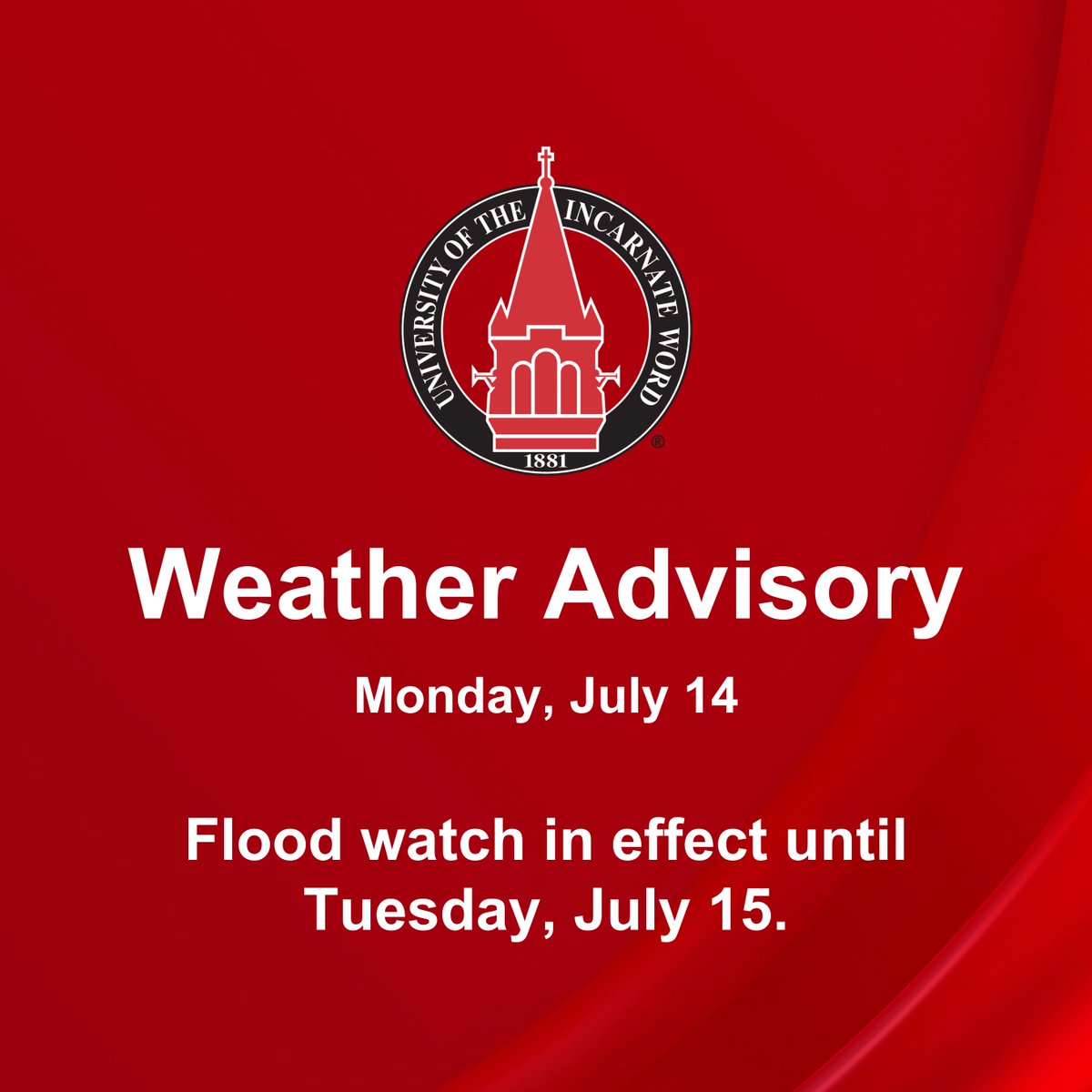 uiwcardinals's tweet image. 🚨 Flood Watch for Bexar, Comal, Hays, and Medina counties through Tuesday morning, July 15.
🌧️ 1–3 inches of rain expected; isolated spots up to 6".
⚠️ Flooding possible in low-lying areas, creeks, & streams.
Stay safe, Cardinals! ❤️
#UIW