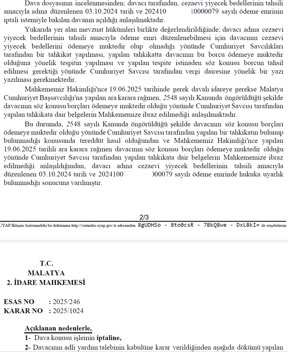 Cezaevi yiyecek bedelinin iptali hakkında karar....