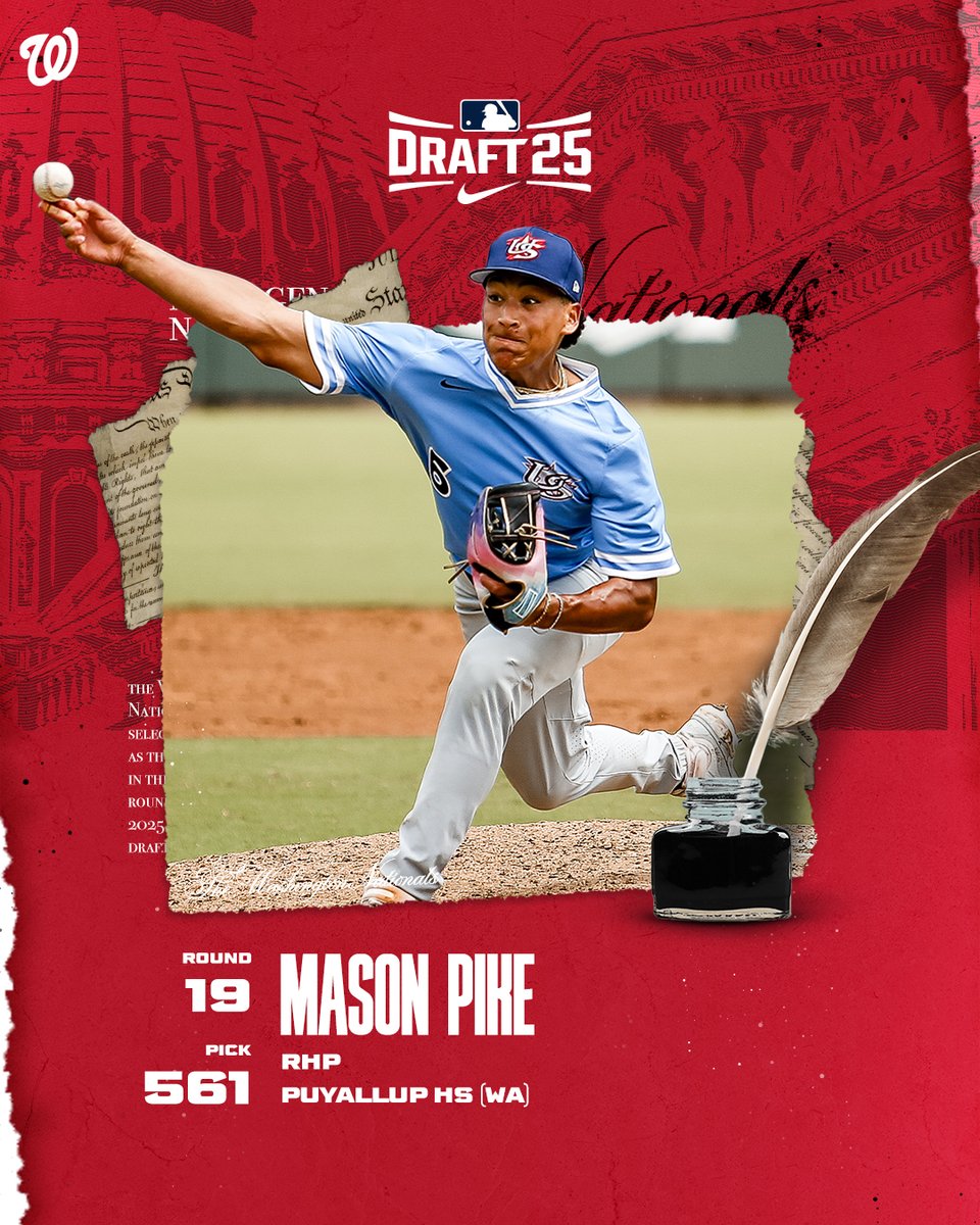Nats_PlayerDev's tweet image. Welcome to the @Nationals, Mason!
With the 561st pick in the 2025 MLB Draft, the Nats select RHP Mason Pike from Puyallup HS (WA).