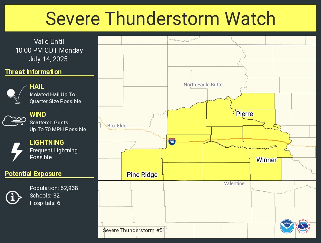 A severe thunderstorm watch has been issued for parts of South Dakota until 10 PM CDT
