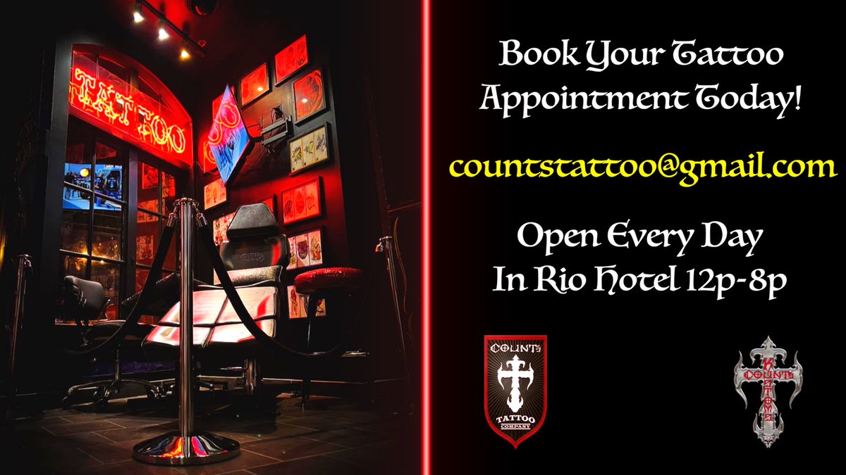 CountsKustoms's tweet image. Tat-Tuesday! Come see what&apos;s going on at @CountsTattoo in @RioVegas! You can book your next ink appointment by emailing countstattoo@gmail.com and sending some ideas of what you would like your artist to work with. Open every day 12p-8p. @DannyCountKoker @CountsKustoms_S #tattoo