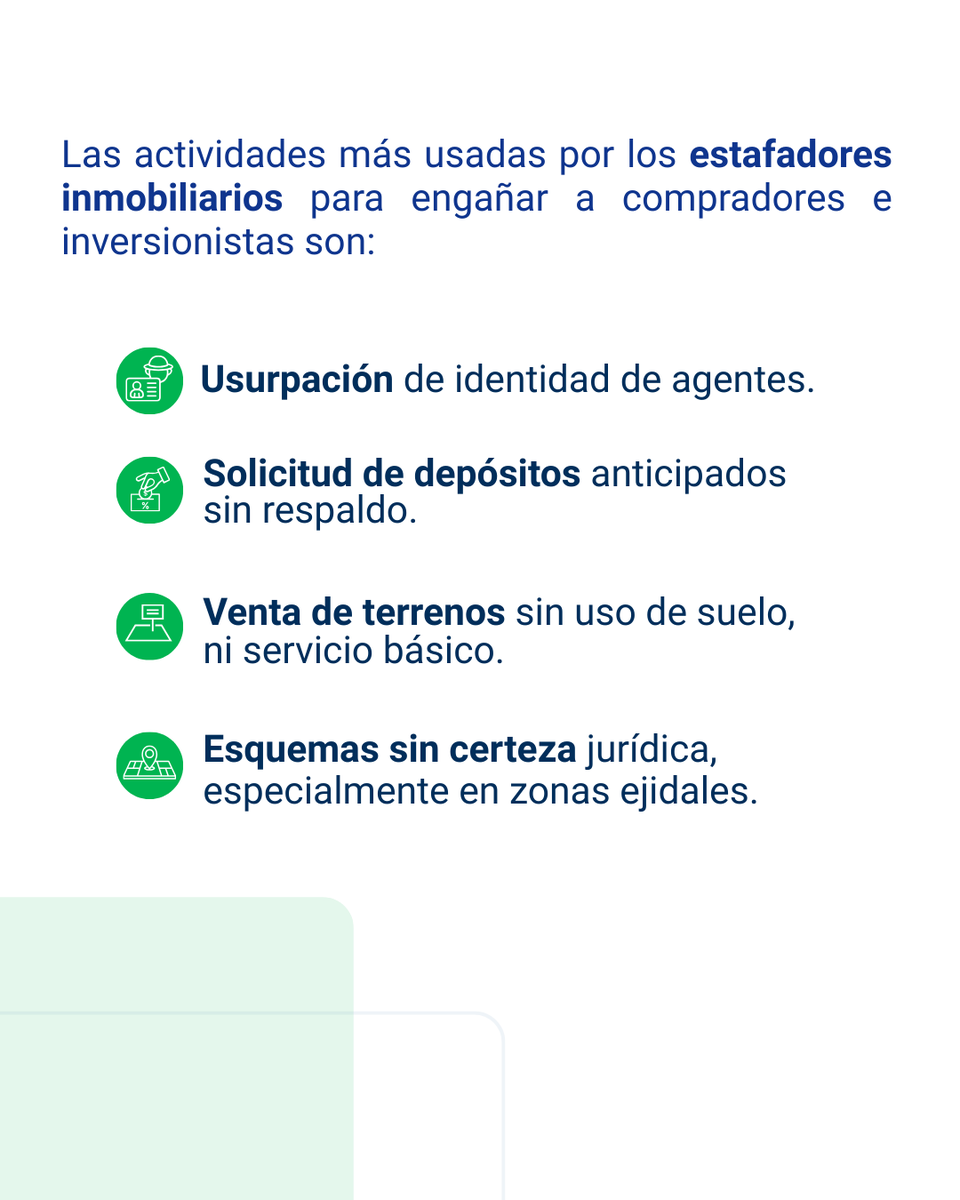 kallifymx's tweet photo. De acuerdo con Mario Palomares, presidente del Clúster de Innovación Inmobiliaria del Bajío (CIIB), al cierre del año pasado, los fraudes inmobiliarios aumentaron un 20 por ciento, generando pérdidas cercanas a 15 mil millones de pesos. 

Uno de los esquemas más comunes es la solicitud de anticipos o depósitos sin ningún documento respaldo,  mientras el inmueble esta en construcción.

Los estados con mayor número de casos de fraudes son CDMX, Estado de México, Guadalajara, Monterrey y Guanajuato.

Te contamos más detalles sobre estas estafas inmobiliarias y cómo protegerte. 👇🏻

#FraudeInmobiliario #CompraSegura @ClusterInInmBJX