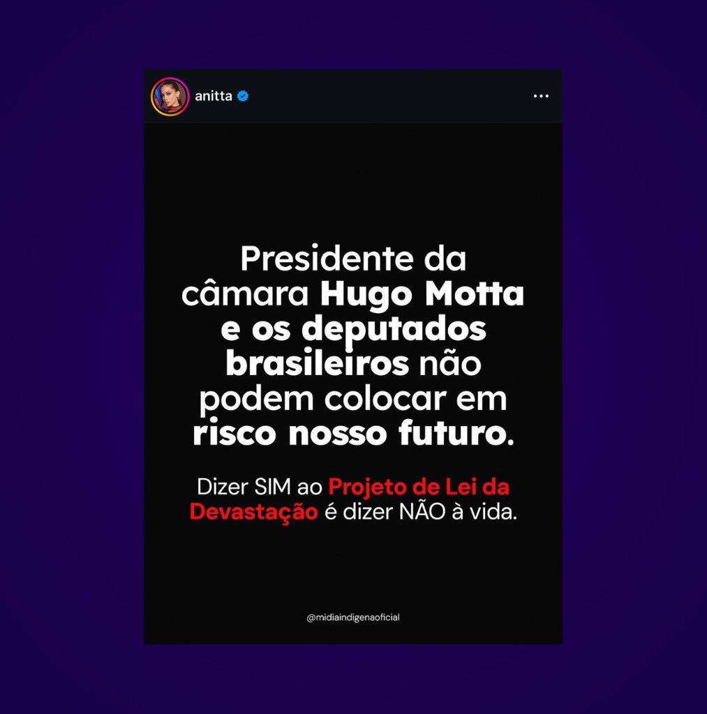 🚨Anitta denuncia o PL 2159/2021, que propõe a criação de uma Lei Geral do Licenciamento Ambiental.

Se ela lei for aprovada, isso afrouxará as formar de conseguir licenças ambientais no Brasil, dando risco as florestas,rios, clima e territórios indígenas.

ANITTERS CONTRA PL