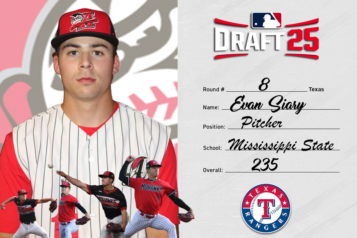 Congratulations to 2023 Mohawks pitcher Evan Siary (Mississippi State) who was selected by the Texas Rangers in the 8th round of the MLB Draft