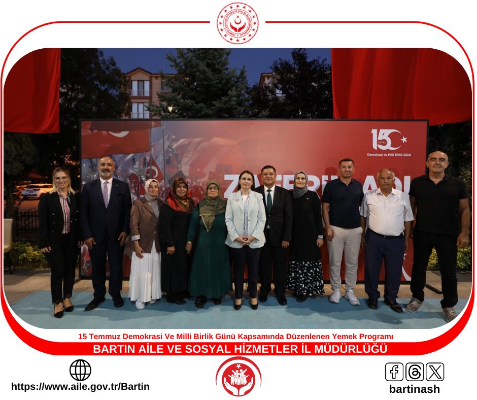 Bartın Aile ve Sosyal Hizmetler İl Müdürlüğü (@bartinnash) on Twitter photo 15 Temmuz Demokrasi ve Millî Birlik Günü etkinlikleri kapsamında, Bartın Valiliğimizin koordinasyonunda şehitlerimizin kıymetli aileleri ve kahraman gazilerimiz onuruna bir yemek programı düzenlendi.
Aziz şehitlerimizi rahmetle, gazilerimizi şükranla anıyoruz.
<a href="/tcailesosyal/">T.C. Aile ve Sosyal Hizmetler Bakanlığı</a> 15 Temmuz Demokrasi ve Millî Birlik Günü etkinlikleri kapsamında, Bartın Valiliğimizin koordinasyonunda şehitlerimizin kıymetli aileleri ve kahraman gazilerimiz onuruna bir yemek programı düzenlendi.
Aziz şehitlerimizi rahmetle, gazilerimizi şükranla anıyoruz.
<a href="/tcailesosyal/">T.C. Aile ve Sosyal Hizmetler Bakanlığı</a>