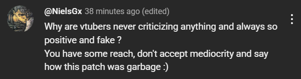 SweetilyVT's tweet photo. disappointment and enjoyment can coexist, and being let down doesn't automatically mean something is absolute garbage. it would be more 'fake' to pretend i didn't enjoy any parts, and call the entire patch garbage just to fit with the prevailing negative narrative. https://t.co/conRRauTvG