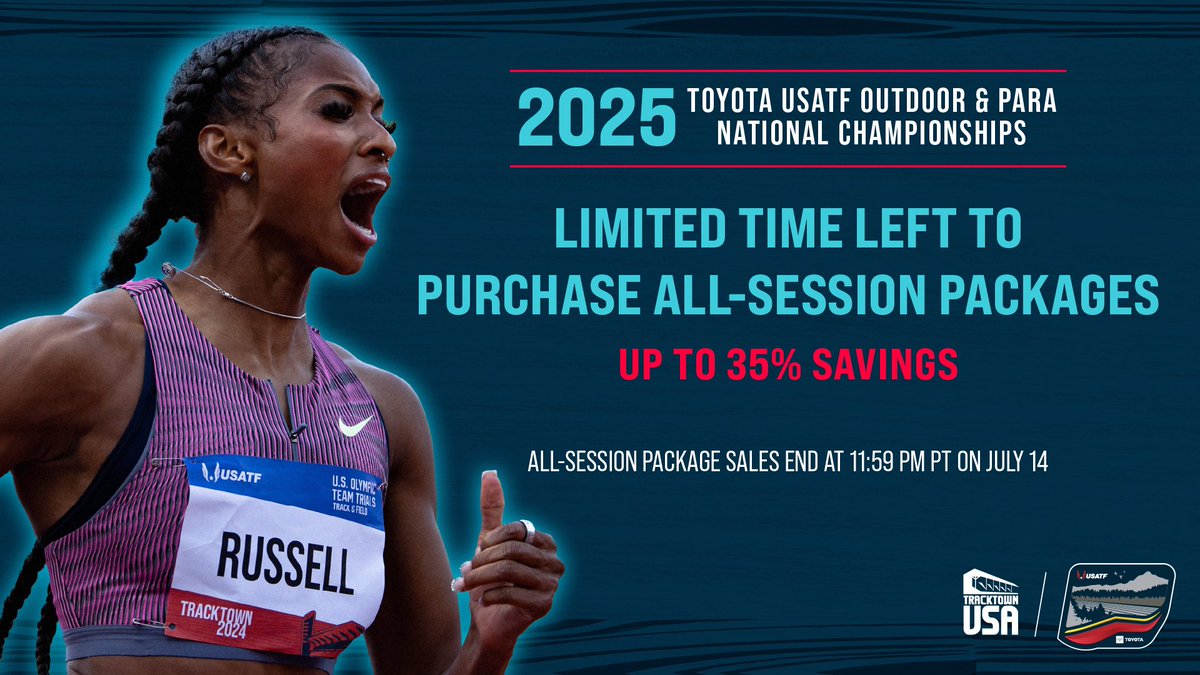 TrackTownUSA's tweet image. Only hours remain to secure your all-session tickets for the 2025 Toyota @usatf Outdoor & Para National Championships 🇺🇸
🎟️ Don’t wait — purchase your all-session tickets by 11:59 p.m. PT tonight at gotracktownusa.com/tracktown25