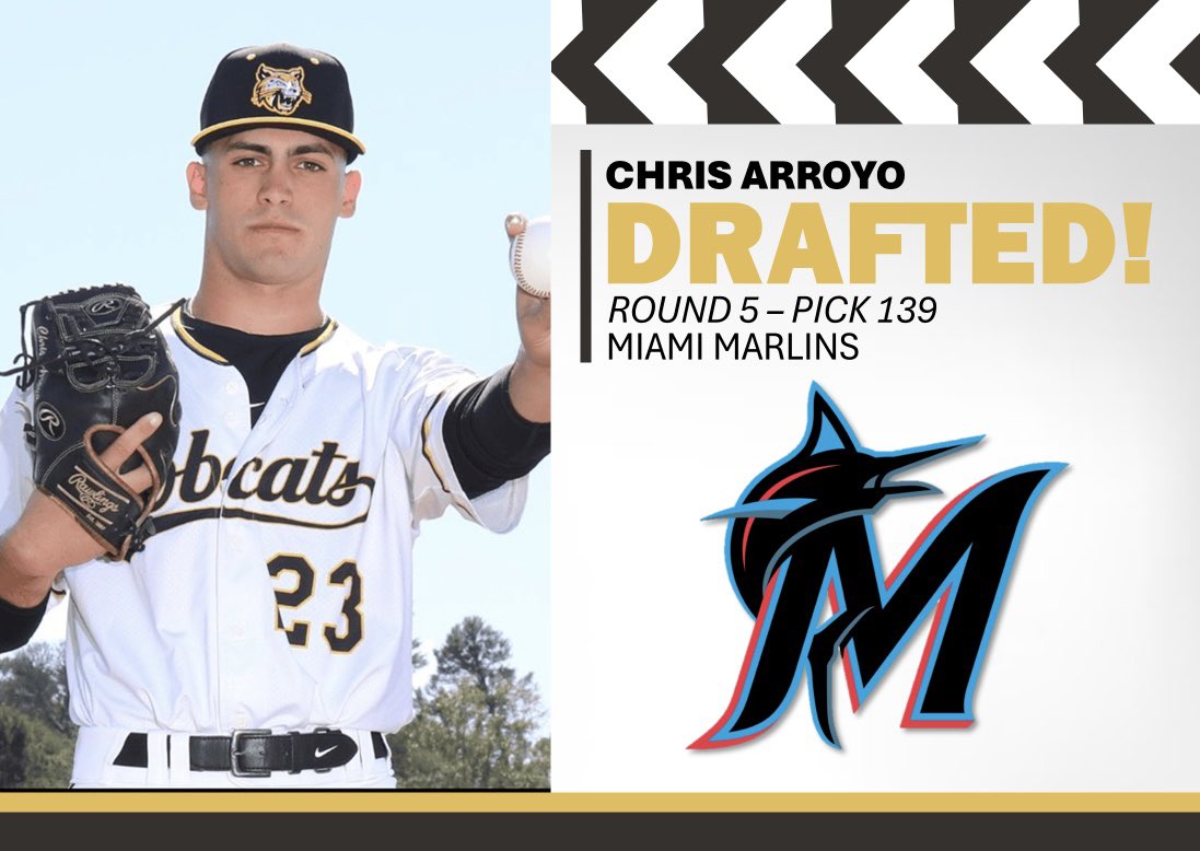 AthleticsPHSC's tweet image. CONGRATULATIONS to Former Bobcat Chris Arroyo who has been selected by the Miami Marlins in the 5th round of the 2025 MLB Player Draft! 🎉
The All-American has become the highest MLB draft pick in school history. 🙌
#BackTheCats 🐾