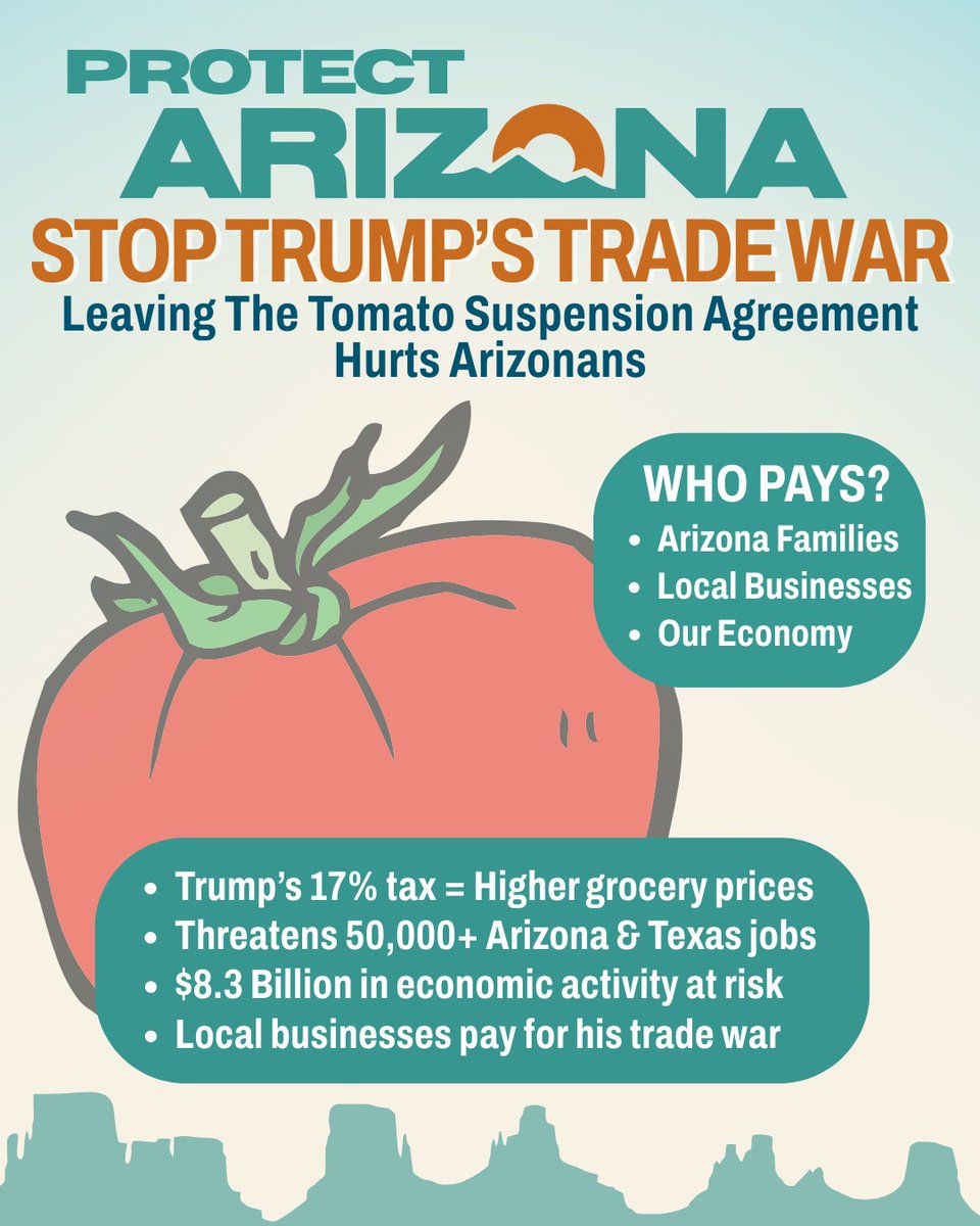 GovernorHobbs's tweet image. President Trump’s reckless trade war is back.
Leaving the Tomato Suspension Agreement means a 17% tariff hike, 50,000 threatened jobs in AZ & TX, and higher grocery prices for Arizona families.
We won’t stand by while Arizona pays the price.