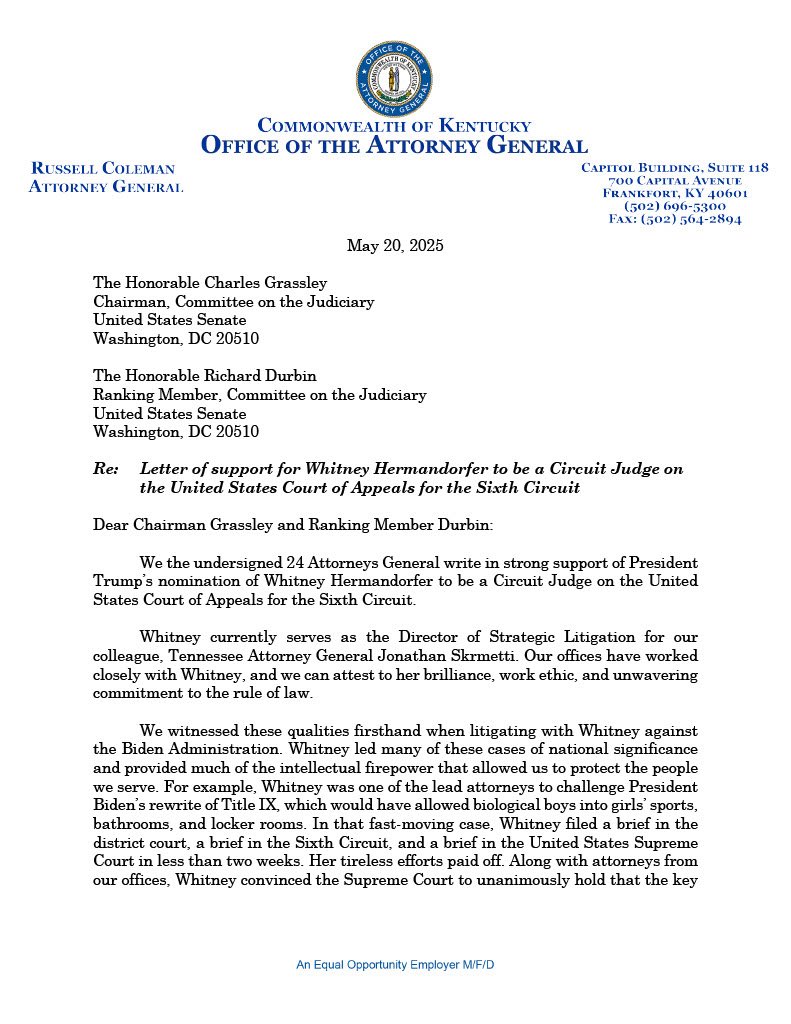 kyoag's tweet image. Congratulations to Whitney Hermandorfer on her confirmation to the Sixth Circuit!
As AGs, we’ll miss working with Whitney. But our loss is the nation’s gain!