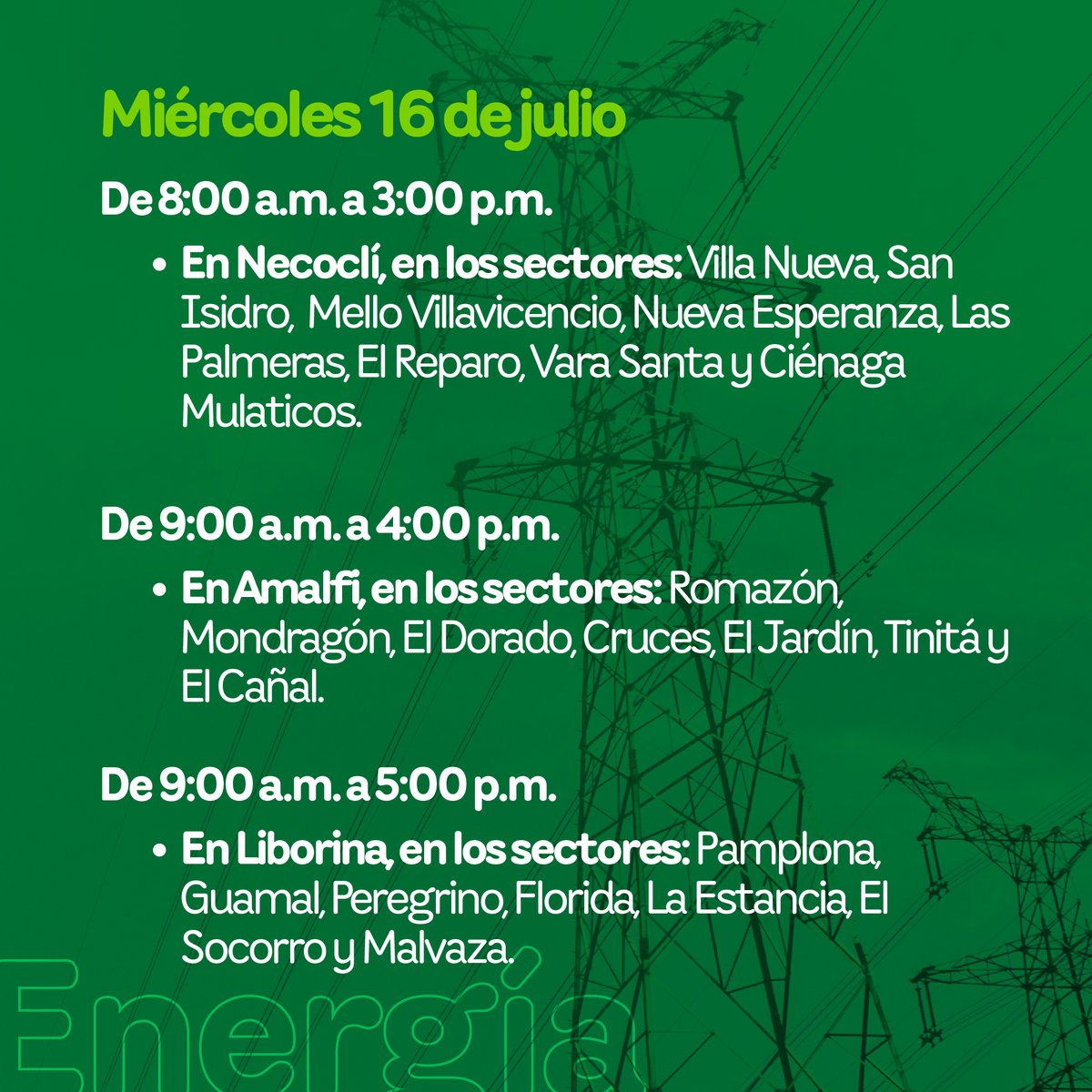 EPMestamosahi's tweet photo. ⚠️⚡️ Este miércoles 16 de julio se realizarán #InterrupcionesProgramadas del servicio de #EnergíaEPM para fortalecer y modernizar la infraestructura con el propósito de seguir prestando un servicio con calidad.
Conoce los sectores y horarios. 👇 https://t.co/DVB5FvawXZ