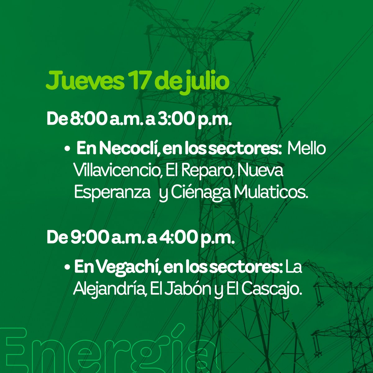 EPMestamosahi's tweet photo. ⚠️⚡️ Este jueves 17 de julio se realizarán #InterrupcionesProgramadas del servicio de #EnergíaEPM para fortalecer y modernizar la infraestructura con el propósito de seguir prestando un servicio con calidad.
Conoce los sectores y horarios. 👇 https://t.co/ccPdV5luNS