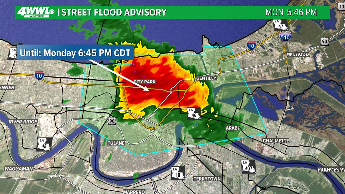 wwltvweather's tweet image. A Street Flood Advisory has been issued for parts of Orleans, Jefferson, St. Bernard until 7/14 6:45PM. Street flooding is possible in these areas. Don't drive through flooded roads. #BeOn4