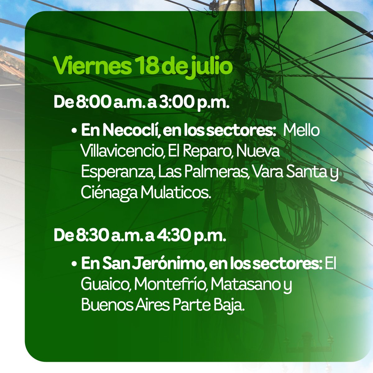 EPMestamosahi's tweet photo. ⚠️⚡️ Este viernes 18 de julio se realizarán #InterrupcionesProgramadas del servicio de #EnergíaEPM para fortalecer y modernizar la infraestructura con el propósito de seguir prestando un servicio con calidad.
Conoce los sectores y horarios. 👇 https://t.co/f6TEhwjWqo