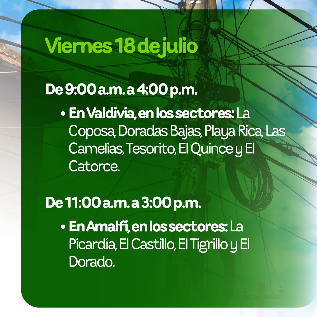 EPMestamosahi's tweet photo. ⚠️⚡️ Este viernes 18 de julio se realizarán #InterrupcionesProgramadas del servicio de #EnergíaEPM para fortalecer y modernizar la infraestructura con el propósito de seguir prestando un servicio con calidad.
Conoce los sectores y horarios. 👇 https://t.co/f6TEhwjWqo