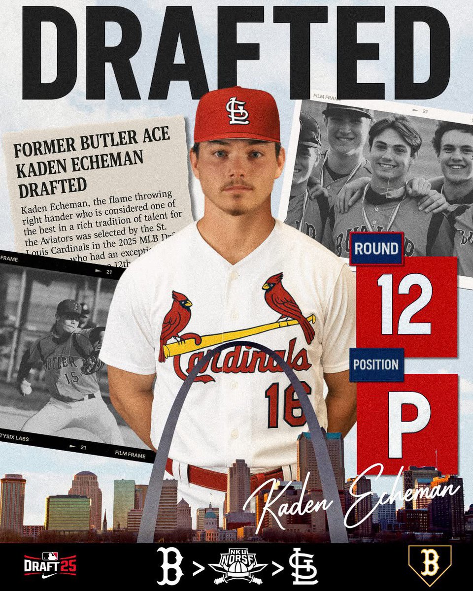 𝗧𝗵𝗲 𝗣𝗶𝗰𝗸 𝗜𝘀 𝗜𝗻!

Congrats to Butler Baseball great Kaden Echeman who was selected in the 12th round (360th overall) by the St. Louis Cardinals in the 2025 MLB Draft.

A 2021 Butler grad, Echeman was part of a sensational pitching duo and sound defensive player for the