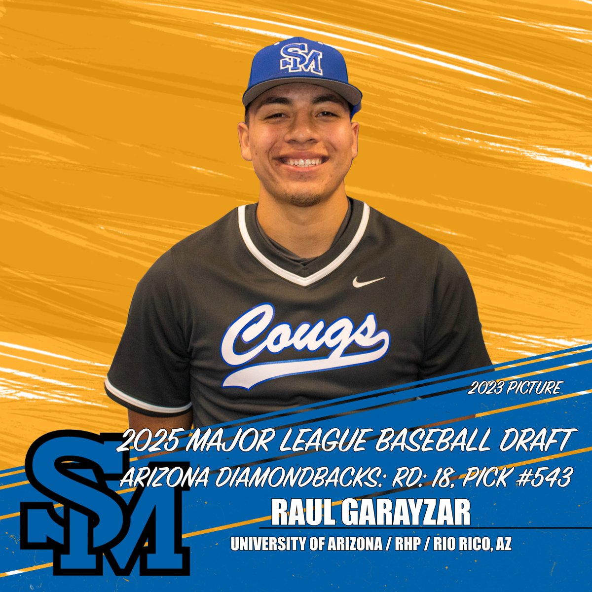 SMCC Athletics (@smcccougars) on Twitter photo CONGRATULATIONS to former <a href="/SoMtnBaseball/">South Mountain Baseball</a> standout Raul Garayzar, selected in the 18th Round (Pick No. 543) by the <a href="/Dbacks/">Arizona Diamondbacks</a> !
Garayzar spent the 2022 & 2023 seasons at #SMCC before transferring to <a href="/ArizonaBaseball/">Arizona Baseball</a> for 2024 & 2025, helping the team reach Omaha!! 🐾⚾️ #TGHT CONGRATULATIONS to former <a href="/SoMtnBaseball/">South Mountain Baseball</a> standout Raul Garayzar, selected in the 18th Round (Pick No. 543) by the <a href="/Dbacks/">Arizona Diamondbacks</a> !
Garayzar spent the 2022 & 2023 seasons at #SMCC before transferring to <a href="/ArizonaBaseball/">Arizona Baseball</a> for 2024 & 2025, helping the team reach Omaha!! 🐾⚾️ #TGHT