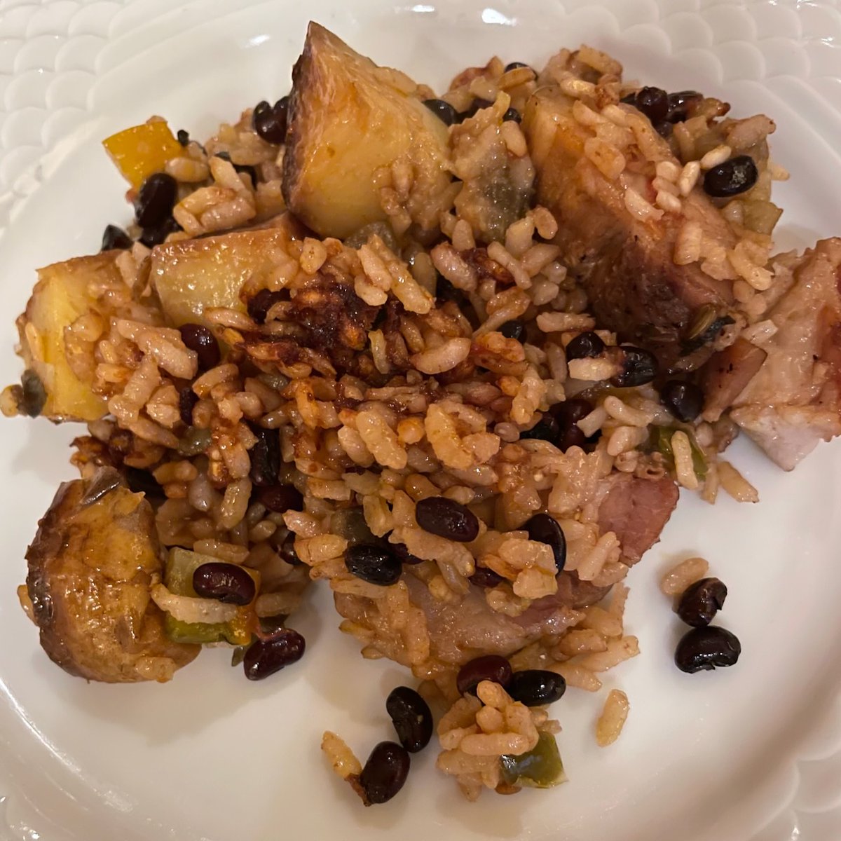 This morning I made a small batch of ratatouille in one of its many personas. And this evening it occurred to me that if reduced in a frying pan some of it could well be used as the sofrito in a Spanish-type rice dish. It worked. Quite well.