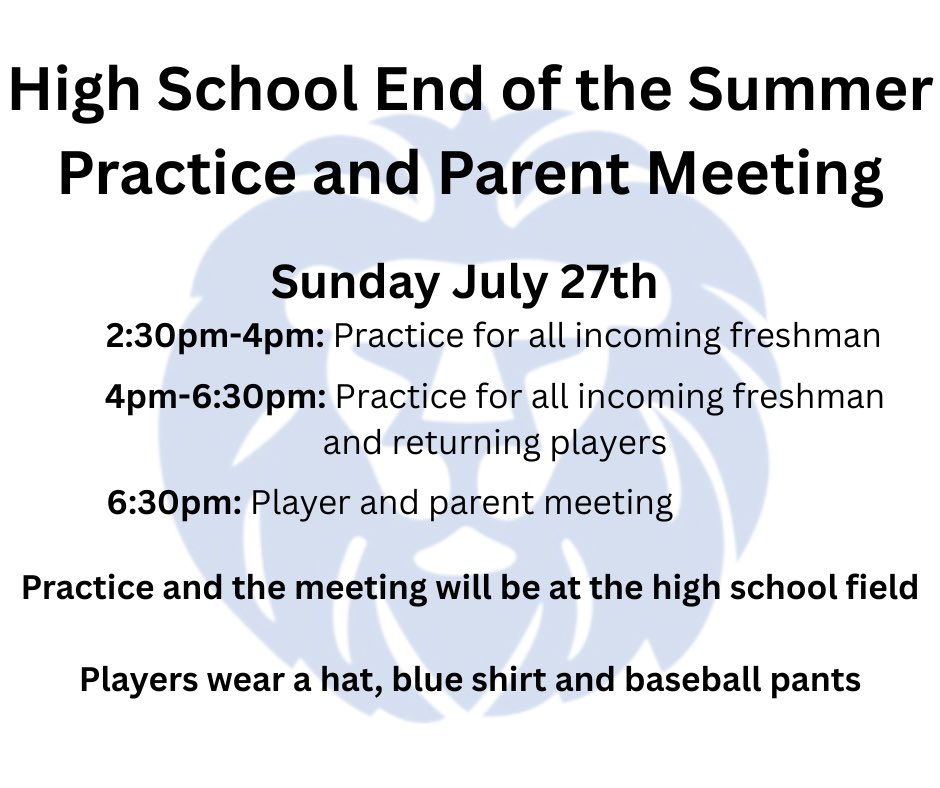 Info for our final summer practice. Open to anyone planning on playing baseball next spring.