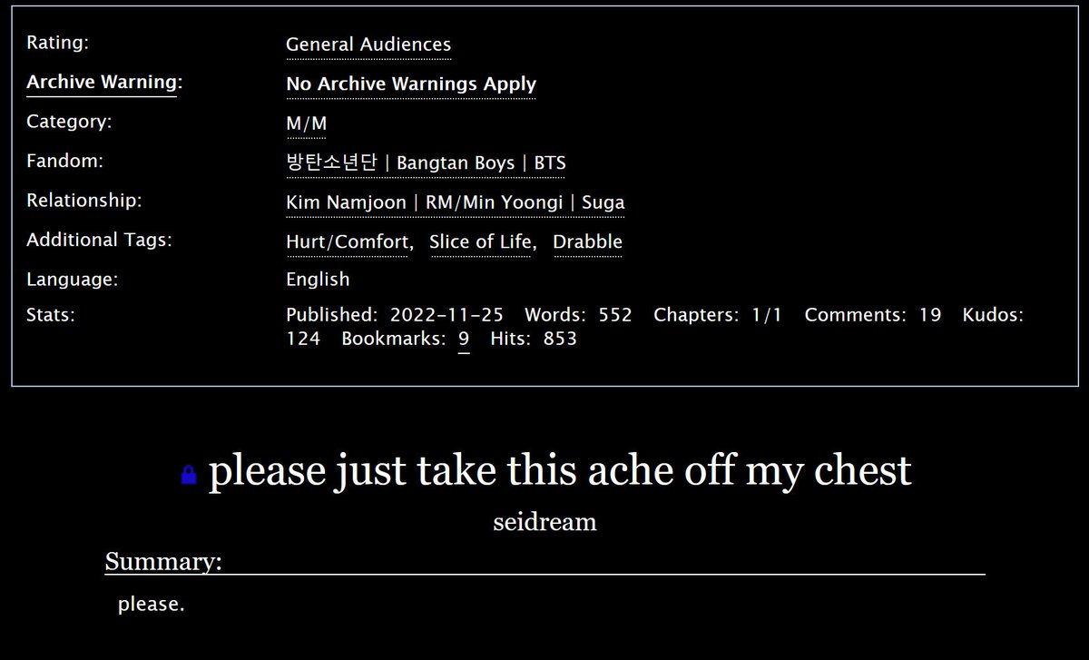 please just take this ache off my chest • namgi • 0.5k words  

a short story with hurt/comfort and slice of life (originally posted in 2022) 

archiveofourown.org/works/43260912
