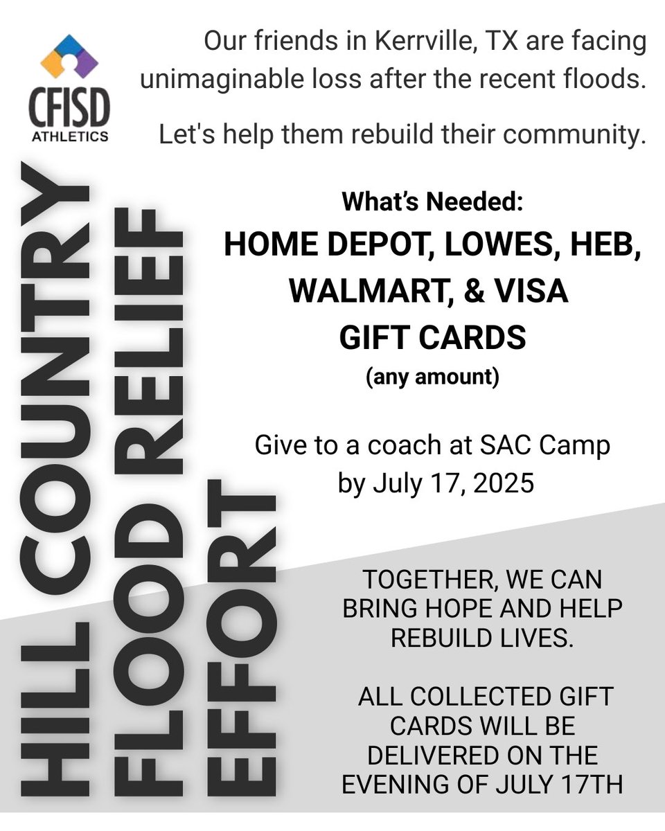 CyFallsFB's tweet image. Only 3 days left to bring a gift card to support the Kerville flood victims. I'm hopeful we can do our part to support our fellow Texans in their time of need. Thank you in advance!
