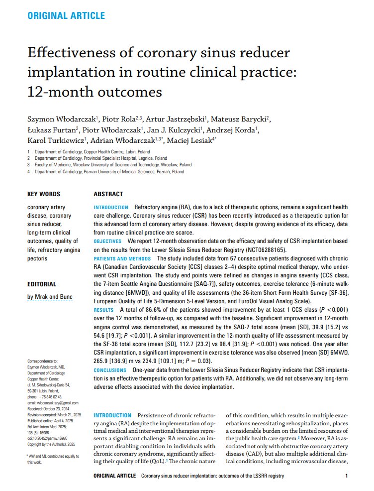 ShockwaveIVL's tweet image. For International Physicians: Congratulations to Dr. Szymon Wladorczak and all authors involved in the recent publication, “Effectiveness of coronary sinus reducer implantation in routine clinical practice: 12-month outcomes.”
The paper included study results from the Lower…