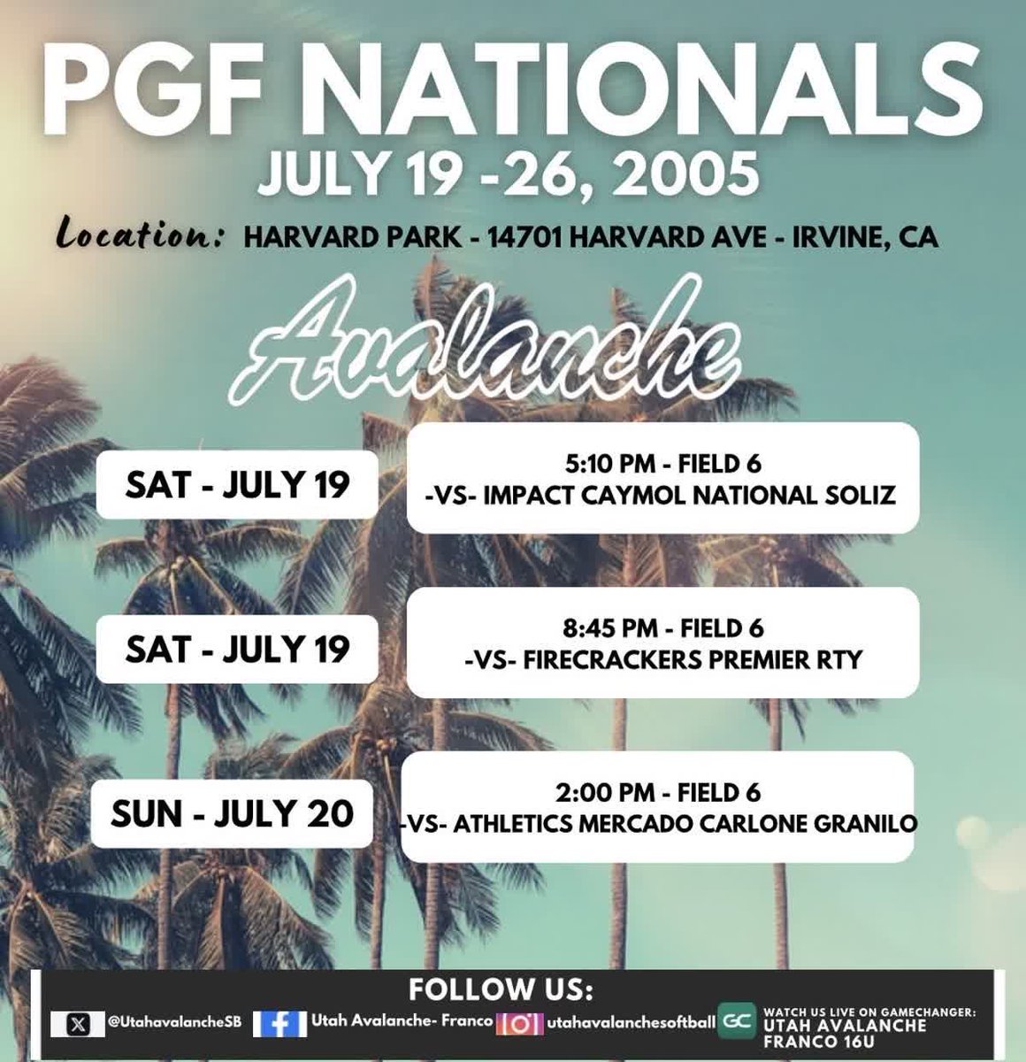 🌴PGF NATIONALS 🌊
📆 July 19- 26, 2025 
📍Harvard Park • Irvine, CA • Field #6 
⏰ Pool Play Schedule ⬆️
📺 GameChanger link in Bio 
<a href="/pgfnetwork/">PGF</a> 

#playpgf 
#pgfnationals 
#bestofthebest 
#utahavalanchesoftball