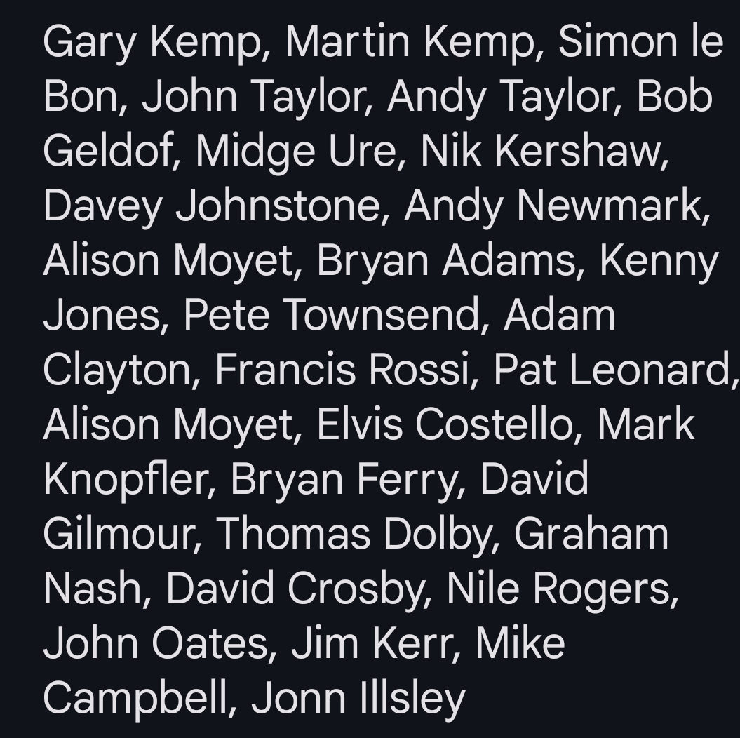 I counted 30 <a href="/rockonteurs/">Rockonteurs</a> on #LiveAid40, 31 if you include Harvey Goldsmith. Did I miss anyone ? <a href="/garyjkemp/">Gary Kemp</a> ?
