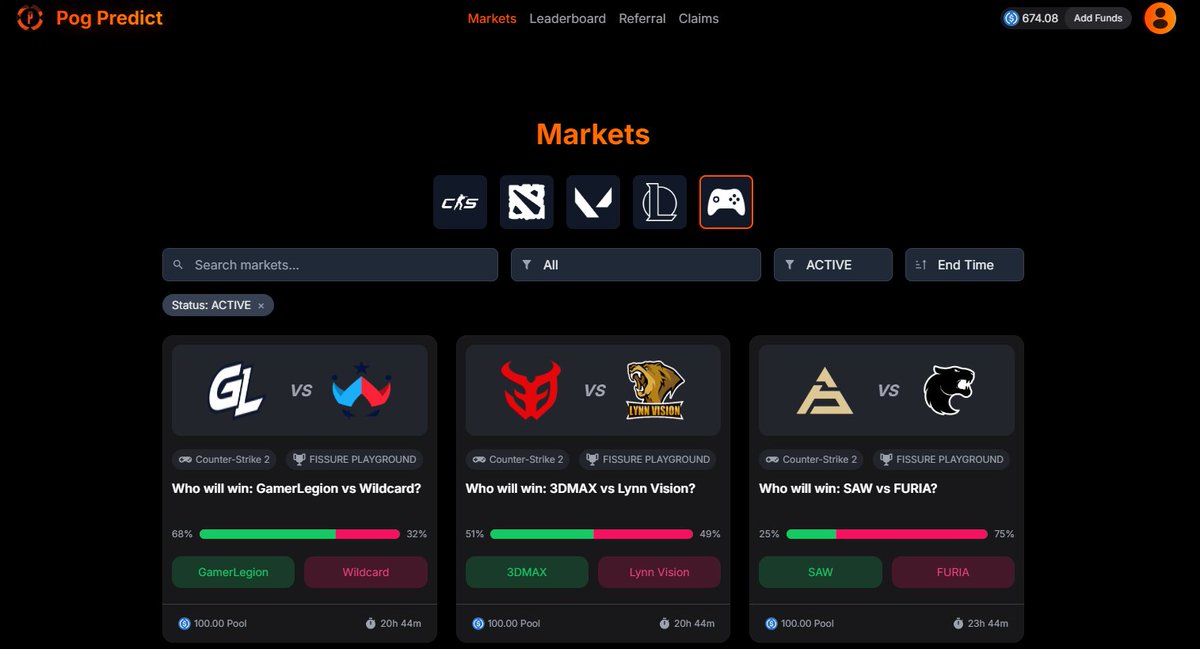 CapitalRecon's tweet image. Just pushed some very simple but great changes to @PogPredict.
We now have usernames enabled, an easier referral UX, and search buttons for each esport that we offer on our site!