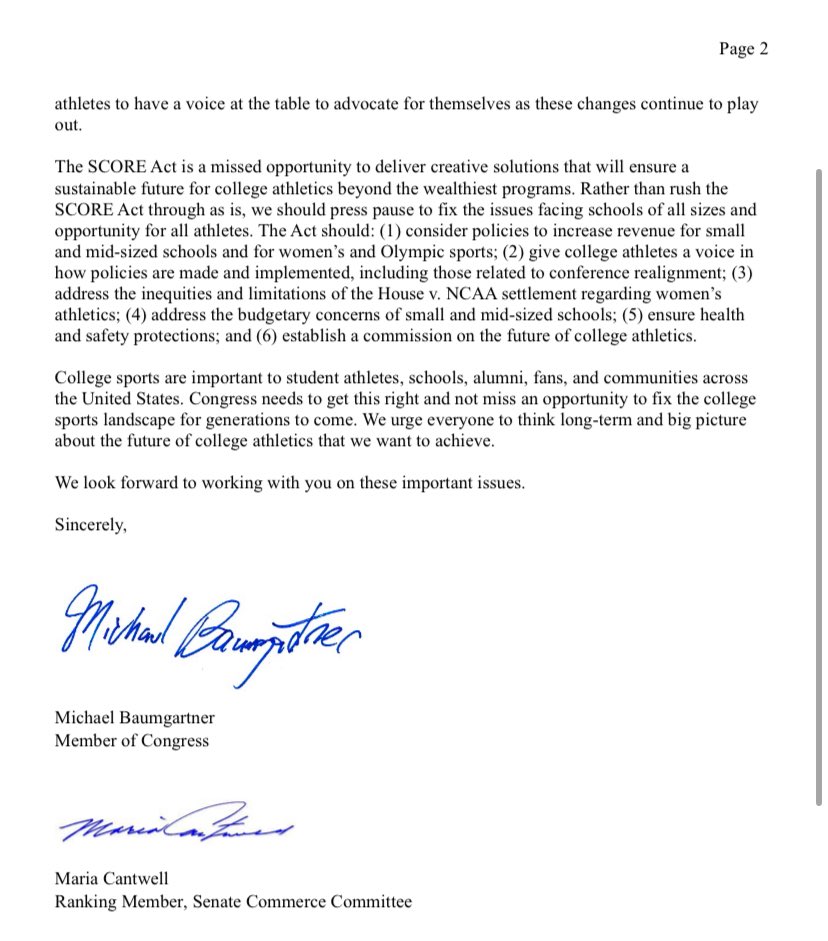 SenatorCantwell's tweet image. If you thought the dissolution of the Pac-12 was a heist, the SCORE Act is the National Championship of all heists. This legislation is a power grab by the two biggest conferences that will leave athletes, coaches, and small and mid-sized institutions behind. My letter with…
