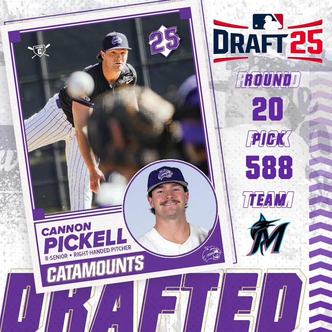 CatamountBSB's tweet image. DRAFTED! Taking his talents to the 3-0-5 . . . @Catamounts RHP flame-thrower Cannon Pickell is bringing the heat to South Beach! Picked in the 20th round, WCU's first draft pick by the Florida / Miami Marlins (@Marlins) franchise.
#CatamountCountry | #DiamondCats