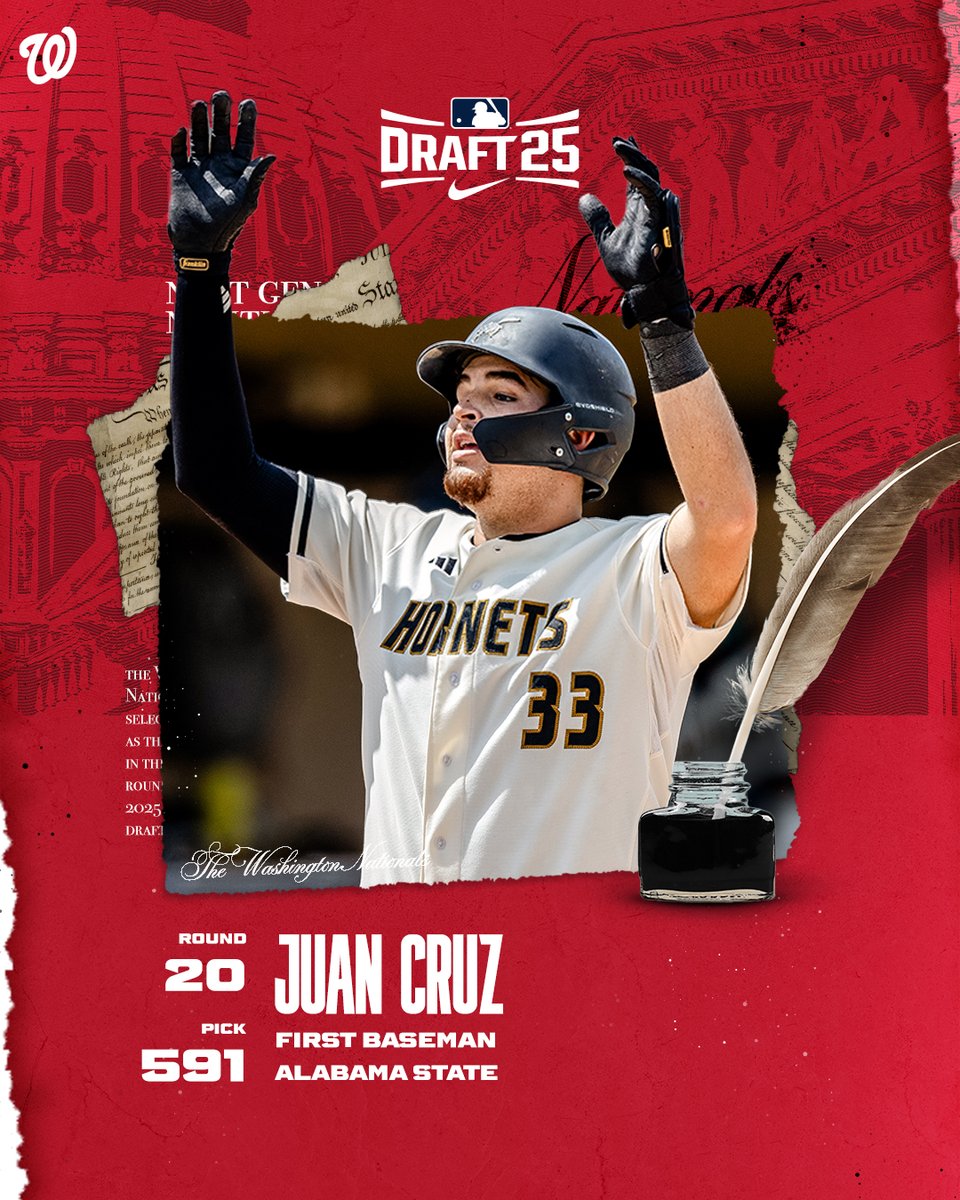Nats_PlayerDev's tweet image. Welcome to the @Nationals, Juan!
With the 591st pick in the 2025 MLB Draft, the Nats select 1B Juan Cruz from Alabama State.