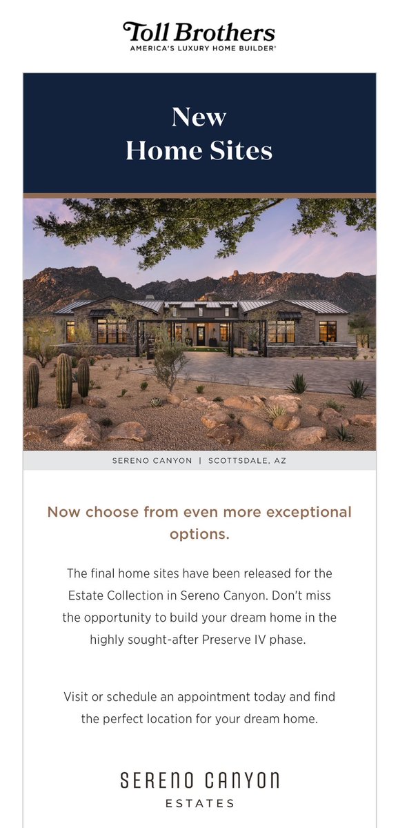 AZLandInvestor's tweet image. Really fun to get emails like this and see land deals I’ve been lucky to work on turn into real (and amazing) communities!
Check out Toll Brothers’ last phase of Sereno Canyon in N. Scottsdale! From $2.7M