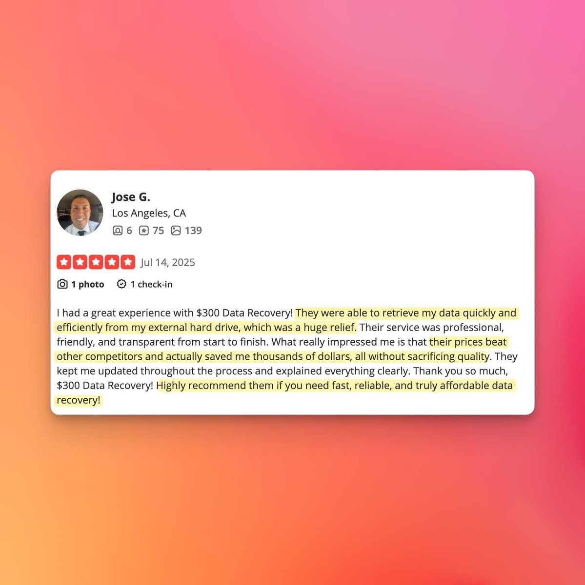 300DataRecovery's tweet image. Jose just dropped this amazing review! 🙌 Got his data back quick from a dead external drive &amp;amp; saved him thousands! 💰 This is why we do what we do! 💾✨ #DataRecovery #300DDR #DataRescue 🔧💻
 buff.ly/dxIBI2N